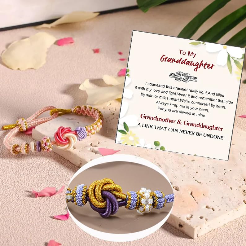 Image of Granddaughter Bracelet for Women, Cute Pink Peach Blossom Knot Bracelet from Grandma Trendy Handmade Braided Charms Bracelets Holiday Jewelry Gifts