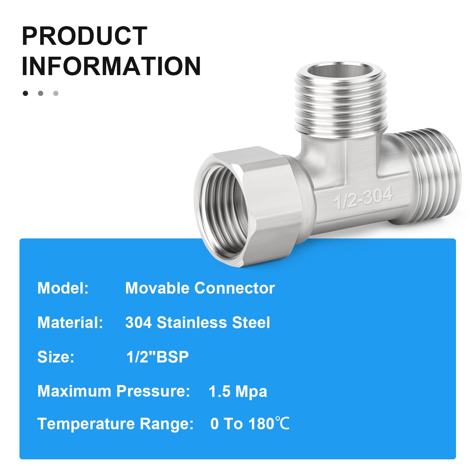 ERGAOBOY 1 piezas de conector en T flexible y móvil de 3 vías, acero inoxidable 304, 1/2" macho BSP, tuerca de unión en T para rociador, válvula angular, brazo de ducha — view 4