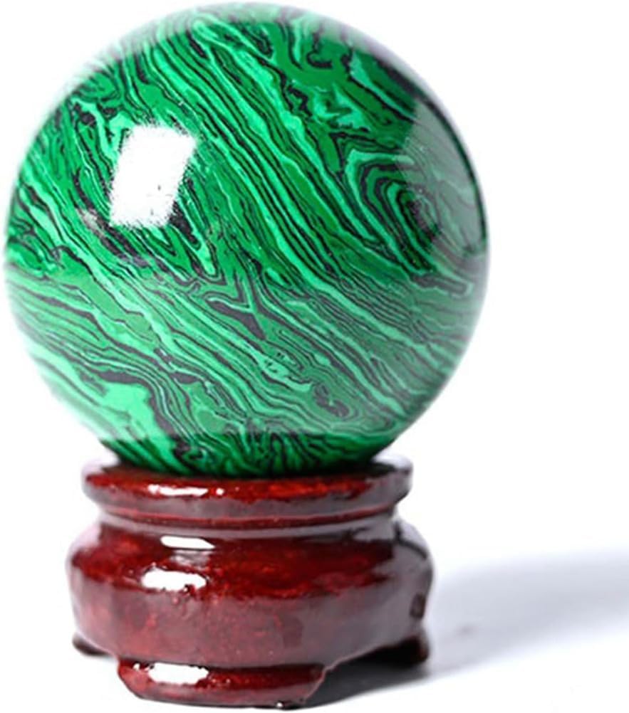 Malachite Crystal Sphere with Wooden Stand,Green Gemstone Ball Sculpture Figurine for Divination Home Decoration,Housewarming Gift,Collectible Gemstone,60~70mm