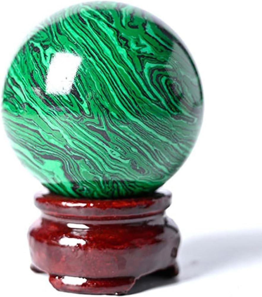 KCDFDVJFBM Malachite Crystal Sphere with Wooden Stand,Green Gemstone Ball Sculpture Figurine for Divination Home Decoration,Housewarming Gift,Collectible,60~70mm
