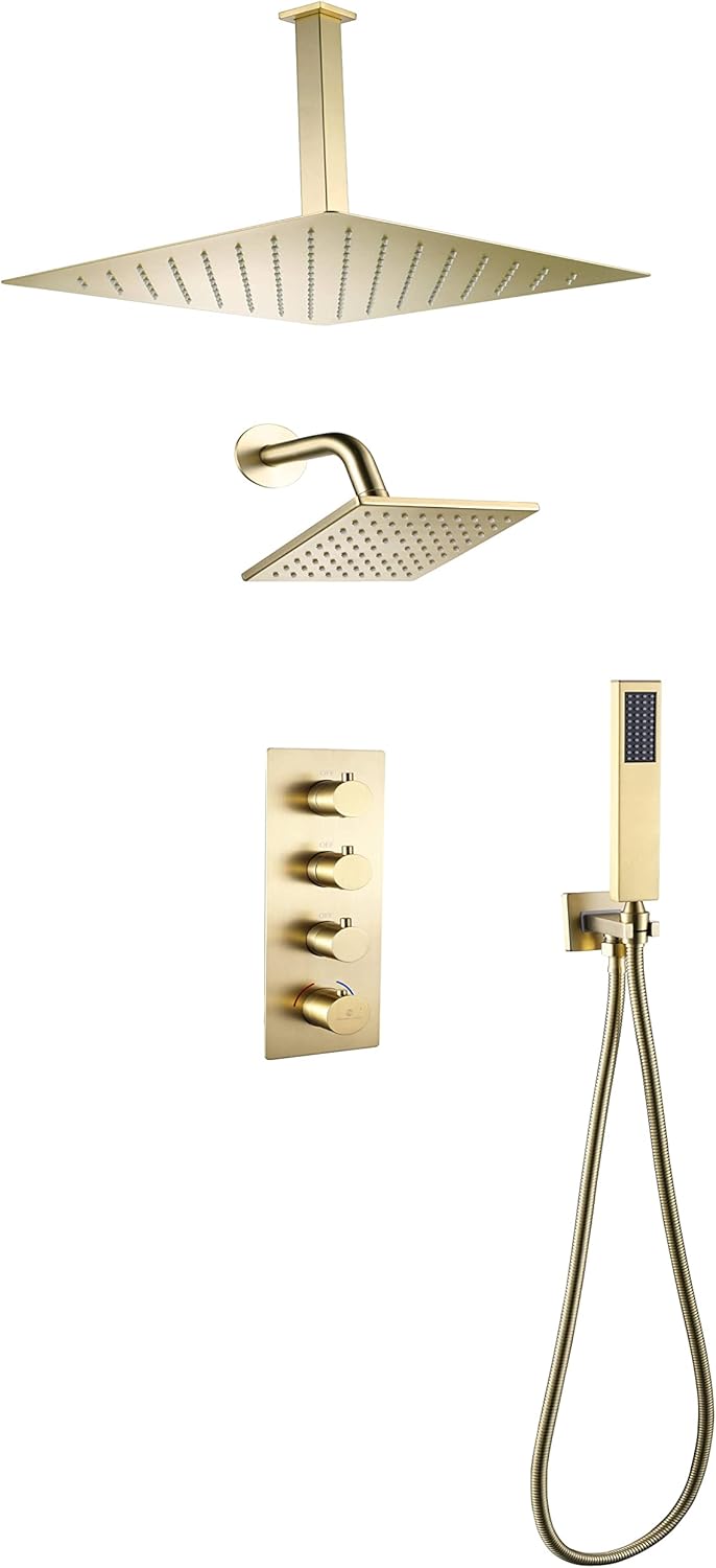 Matte Black 3 Function Thermostatic Faucet Set with Ceiling 16" Rain Shower Head, High Pressure 6", and Handheld Spray