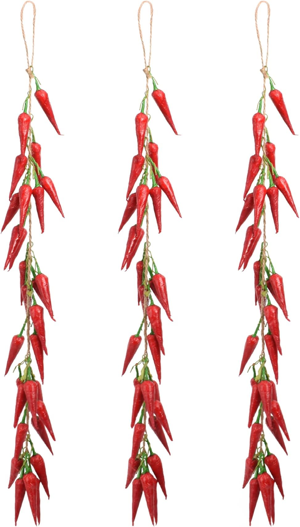 3Pcs Artificial Red Peppers, Simulation Lifelike Vegetable Fake Hanging Chili Pepper String Fruit Garland Vine for Home Kitchen Farm Party Wall Decoration, Red.