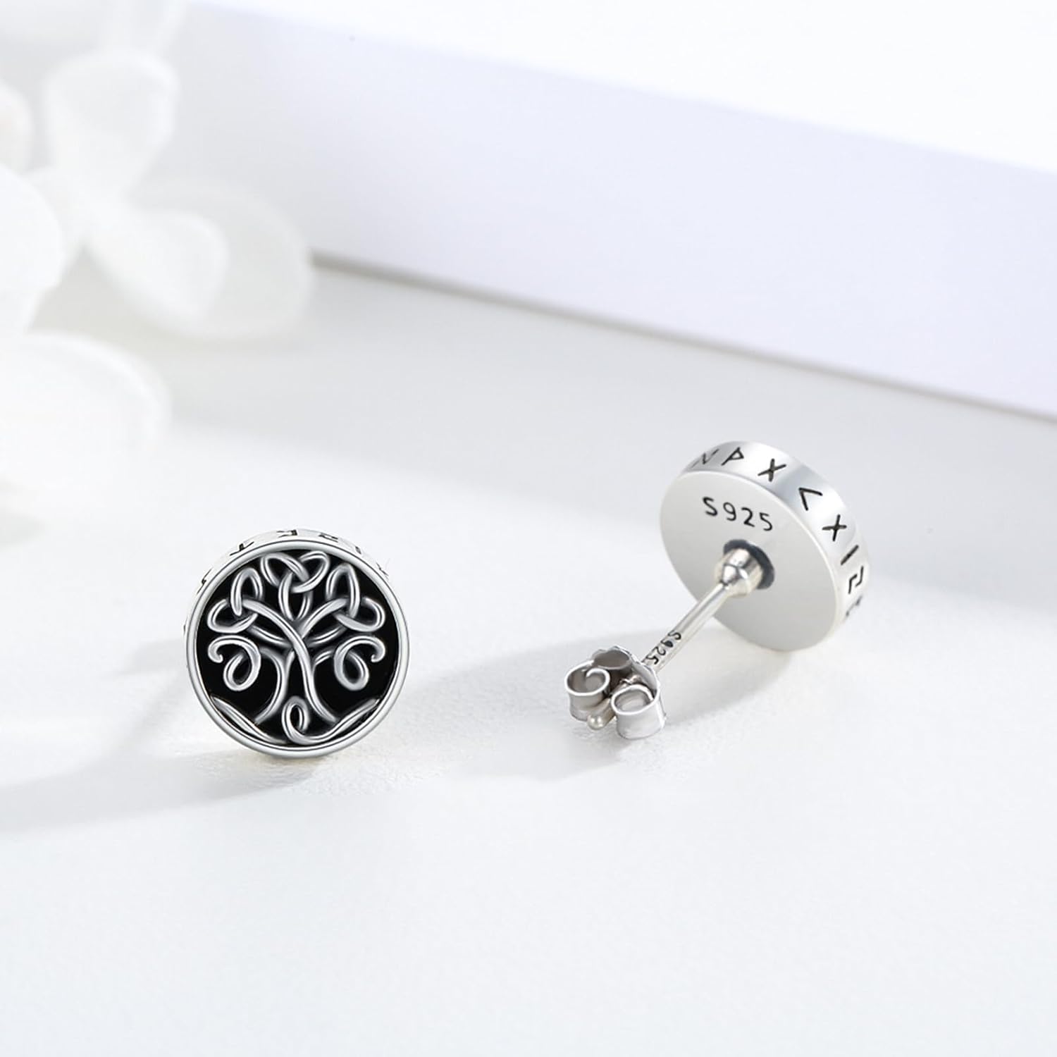 Black Onyx Stud Earrings for Men 925 Sterling Silver Viking Rune Tree of Life/Celtic Knot/Cat/Eye of Horus Earring Nordic Rune Viking Jewelry Gifts for Christmas Birthday Father's Day New Year - Image 7
