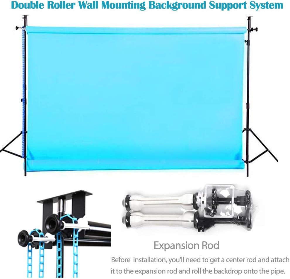 Photography Backdrop Double Roller Wall Mounting Manual Background Support System for Using Light Stand, Including Two Double Hooks, Four Expand Bars, Two Chain, Eight Screws