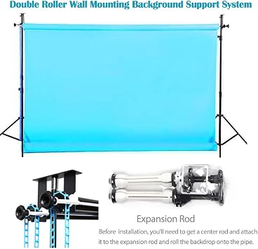 Photography Backdrop Double Roller Wall Mounting Manual Background Support System for Using Light Stand, Including Two Double Hooks, Four Expand Bars, Two Chain, Eight Screws