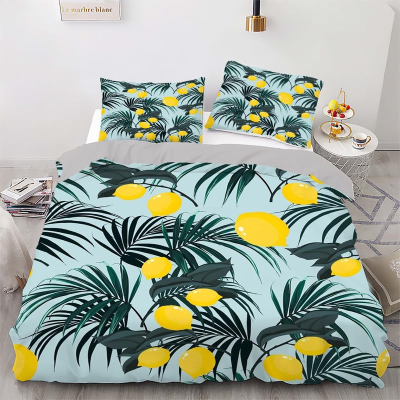 Parure de lit 240 x 260 anti-plis en microfibre citron bleu respirante