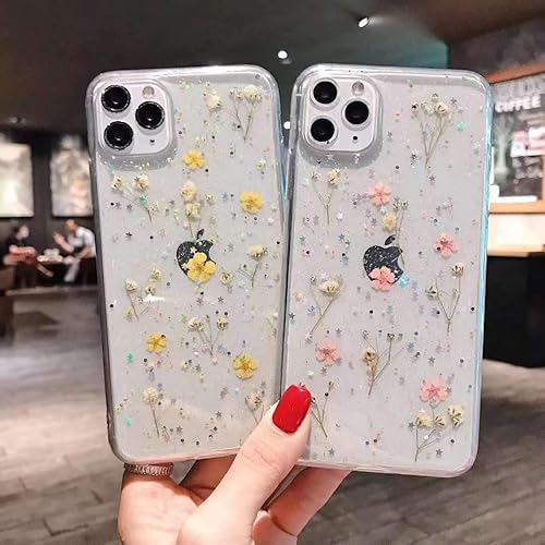 Miniatura 9 de YTanazing Funda diseñada para iPhone 15, funda de goma suave y transparente flexible prensada con flores reales secas para niñas, funda protectora
