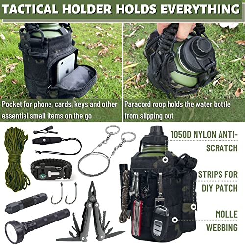 Image of 64 Oz Water Bottle with Sleeve - Military Green Half Gallon Insulated Water Jug with Handle - Stainless Steel Sports Bottle for Gym Workout Hiking Camo Black Pouch