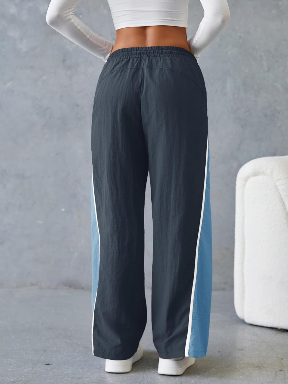 Fisoew Women's Baggy Wide Leg Track Pants Casual Drawstring Elastic Waisted Color Block Workout Y2K Active Pants - Image 2