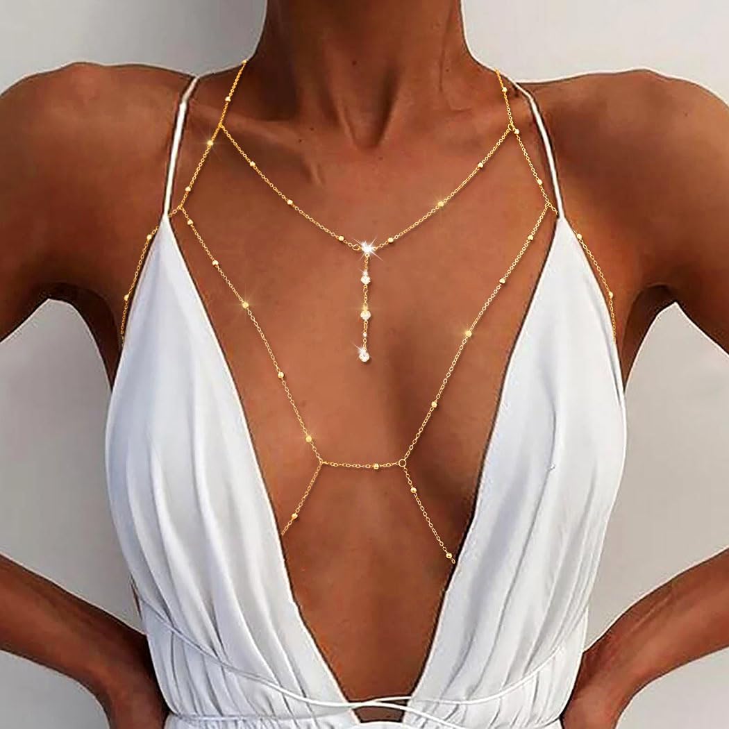 Tgirls Beads Body Chain Sexy Body Jewelry for Women Crystal Body Chains Layered Bra Bikini Body Waist Chain
