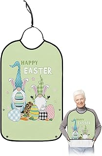 Funny Adult Bibs for Eating, Happy Easter Gnomes Eggs Green Pattern Waterproof Clothing Protector Washable Adult Bib with Crumb Catcher for Men Women Elderl and Seniors