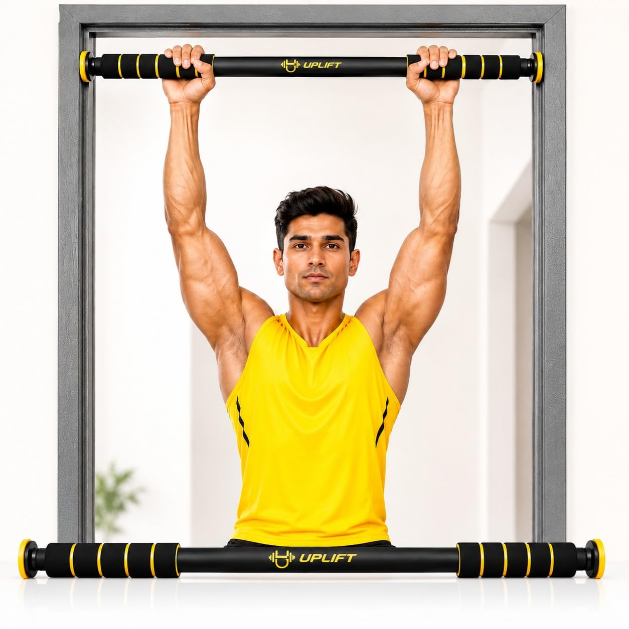 uplift adjustable pull up bar for home (62–100cm) | no screw doorway exercise rod | anti skid grip, 100kg capacity | multifunctional home gym equipment for men, women & kids (black/yellow)