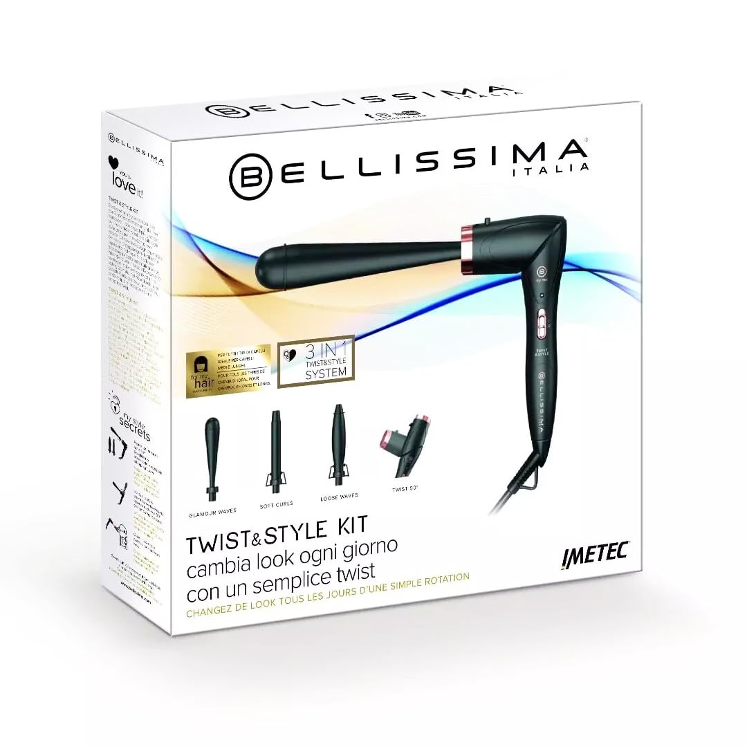 Twist & Style Kit Professionale per Capelli, Bellissima 3 Accessori Intercambiabili, Nero con Dettagli Oro Rosa, Ricci e Onde, 200W, Ceramica, 200°C