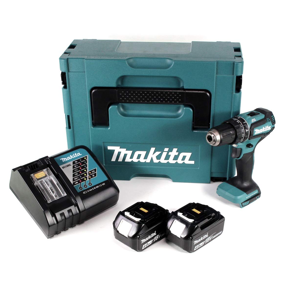 Makita DHP 485 RMJ - Taladro atornillador de percusión (18 V, batería de ion de litio, incluye 2 baterías de 4,0 Ah y cargador)