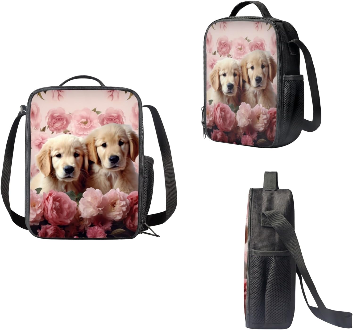 Flowers Golden Retriever School Backpack Boys Girls Kids Lightweight School Bag Set Student Backpack, Insulated Lunch Box and Small Pencil Case 3 Piece Set