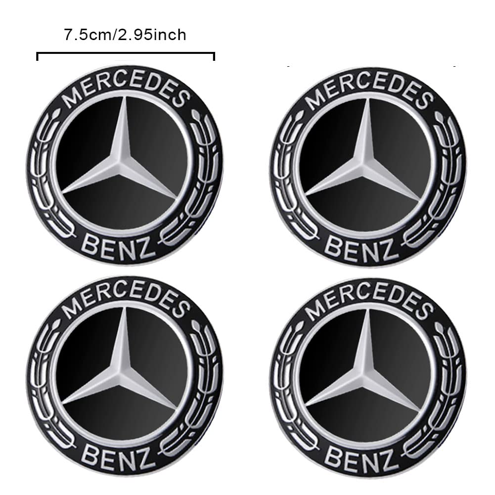4pcs Wheel Center Cover for Mercedes Benz, 75mm/2.95inch Wheel Center Hub Cap Hubcap Cover (Black)