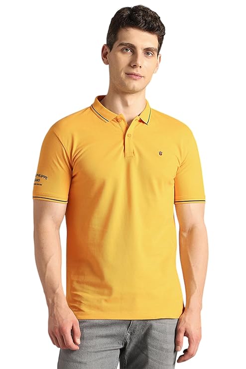 Louis Philippe Men's Slim Fit Single-Tuck Pique Stylized Sleeve Print and Contrast Tipping Half Sleeve Solid Polo Tshirt