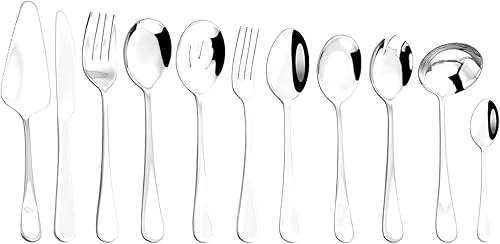Miniatura 8 de Gugrida Gold Silverware - Juego de 11 piezas de cubiertos de acero inoxidable 304 con revestimiento de titanio dorado, cucharas para servir,