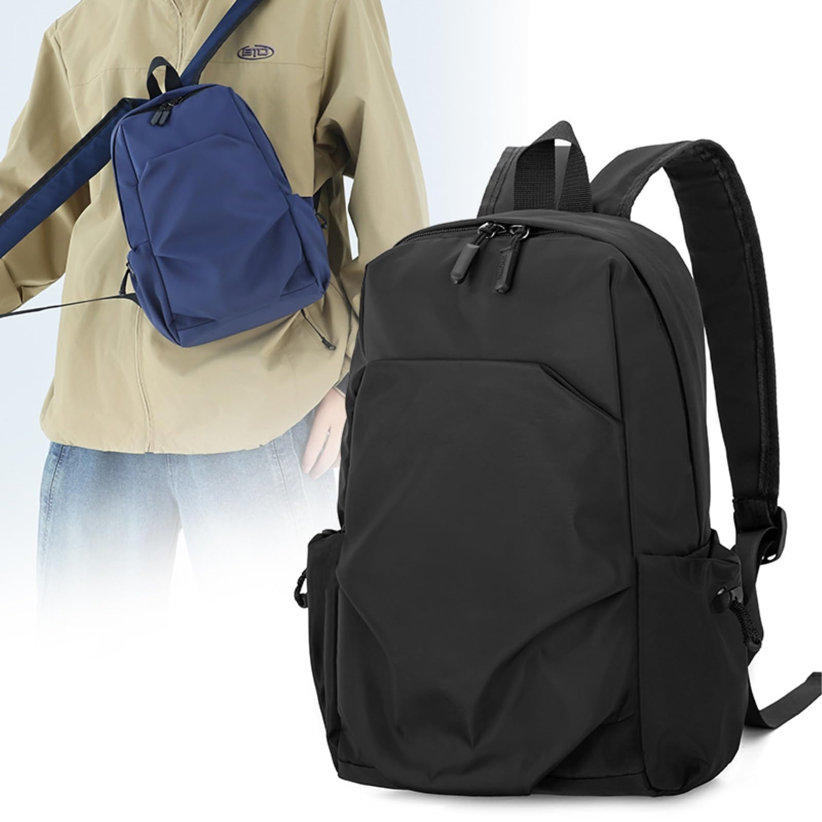 Zaino da Viaggio in Nylon Resistente all'Acqua, Sacco Giorno con Cerniera del Pannello Anteriore delle Tasche Laterali della Bottiglia A Cordone per La Scuola di Lavoro-Blue