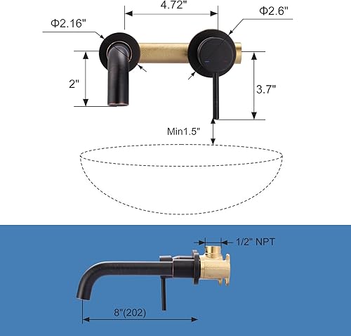 Miniatura 4 de Grifo de baño de bronce aceitado  ARCORA grifo de baño de montaje en pared  Grifo de una sola manija para lavabo de baño, válvula áspera incluida