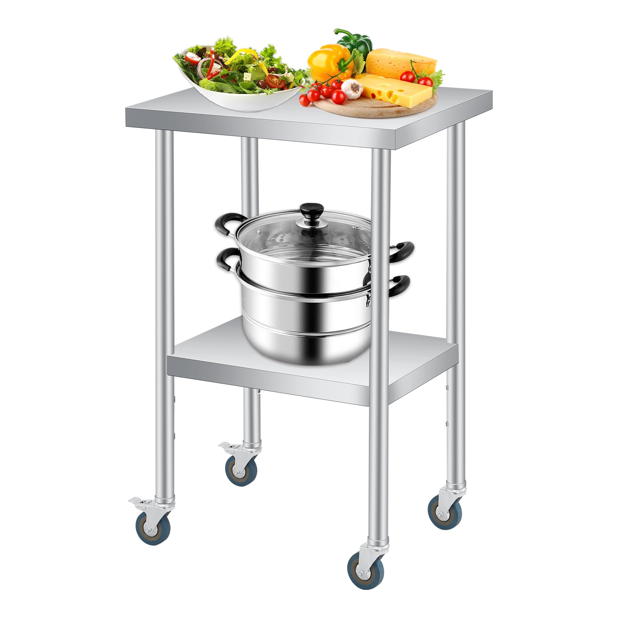 Mesa de Trabajo de Acero Inoxidable de 61 x 61 cm (24" x 24"), de Dos Niveles, cniveles, con Estante Ajustable y Ruedas con Bloqueo Cocina, Restaurante, Garaje y Uso Exterior.