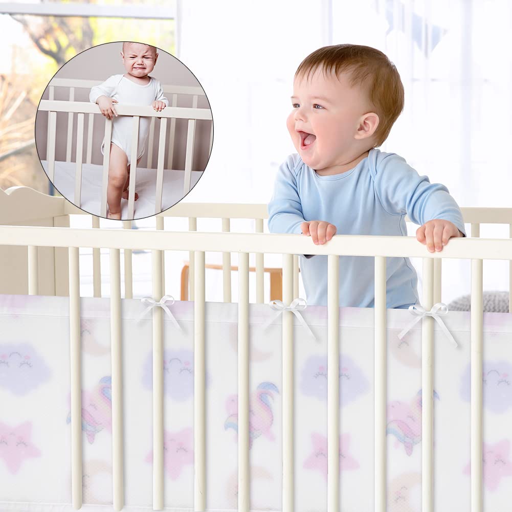 Aolso Paracolpi Lettino, 2 Pezzi Paraurti Cot Morbida e Traspirante, Paracolpi per Lettino con 10 Cinghia Fissa, Lavabile, 340cm x 30cm + 160cm x 30cm (Unicorno-Sfondo Bianco)