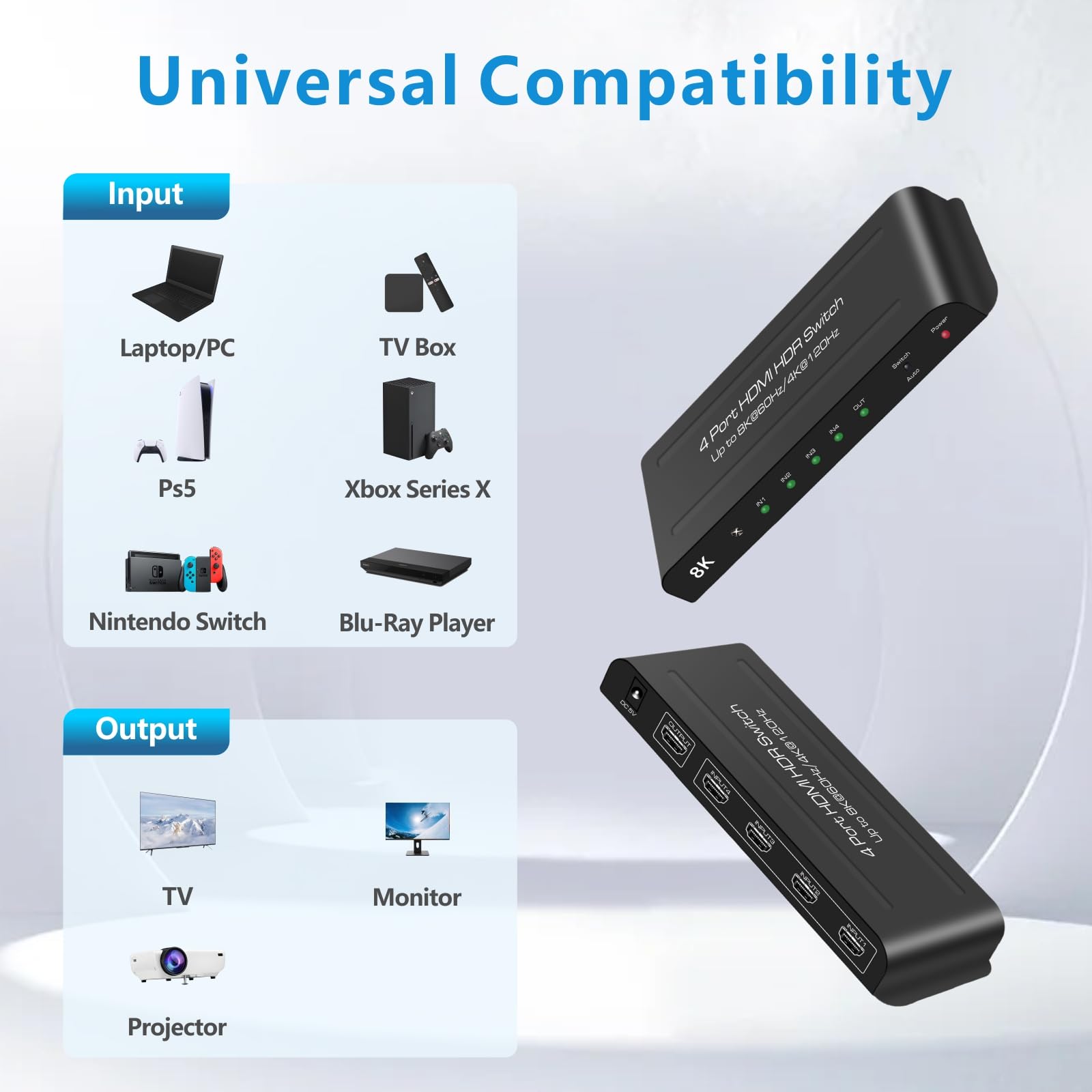 Conmutador HDMI 8K 4 en 1, salida 4K a 120Hz, compatible con HDR10+, Dolby Vision, Dolby Atmos, VRR, ALLM, CEC