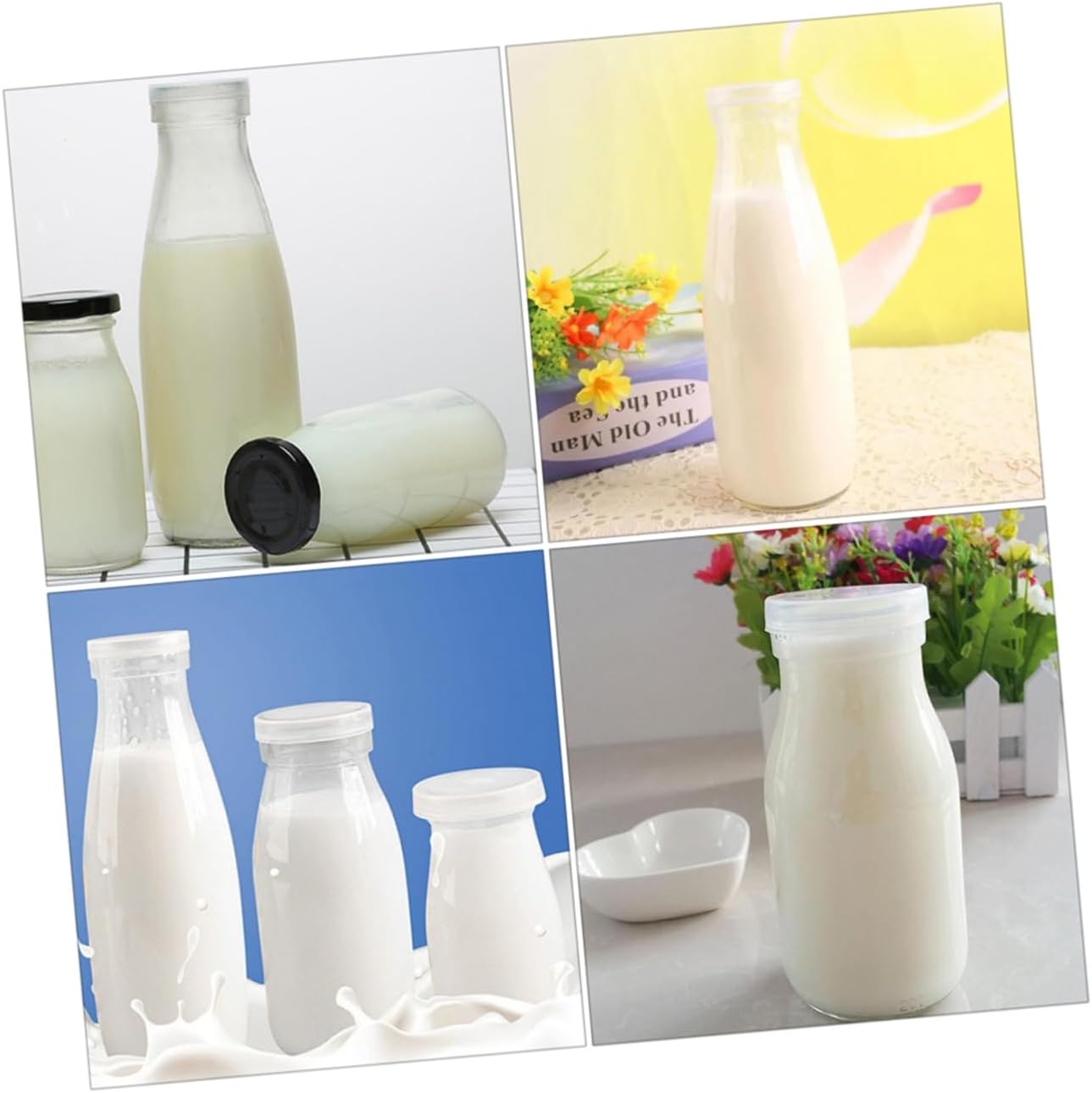KICHOUSE 4pcs Juice Bottles Glass Milk Containers Lids Leakproof Dishwasher Safe