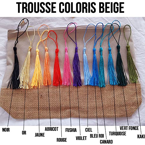 Trousse brodée main en coton durable et jute avec finitions pompon