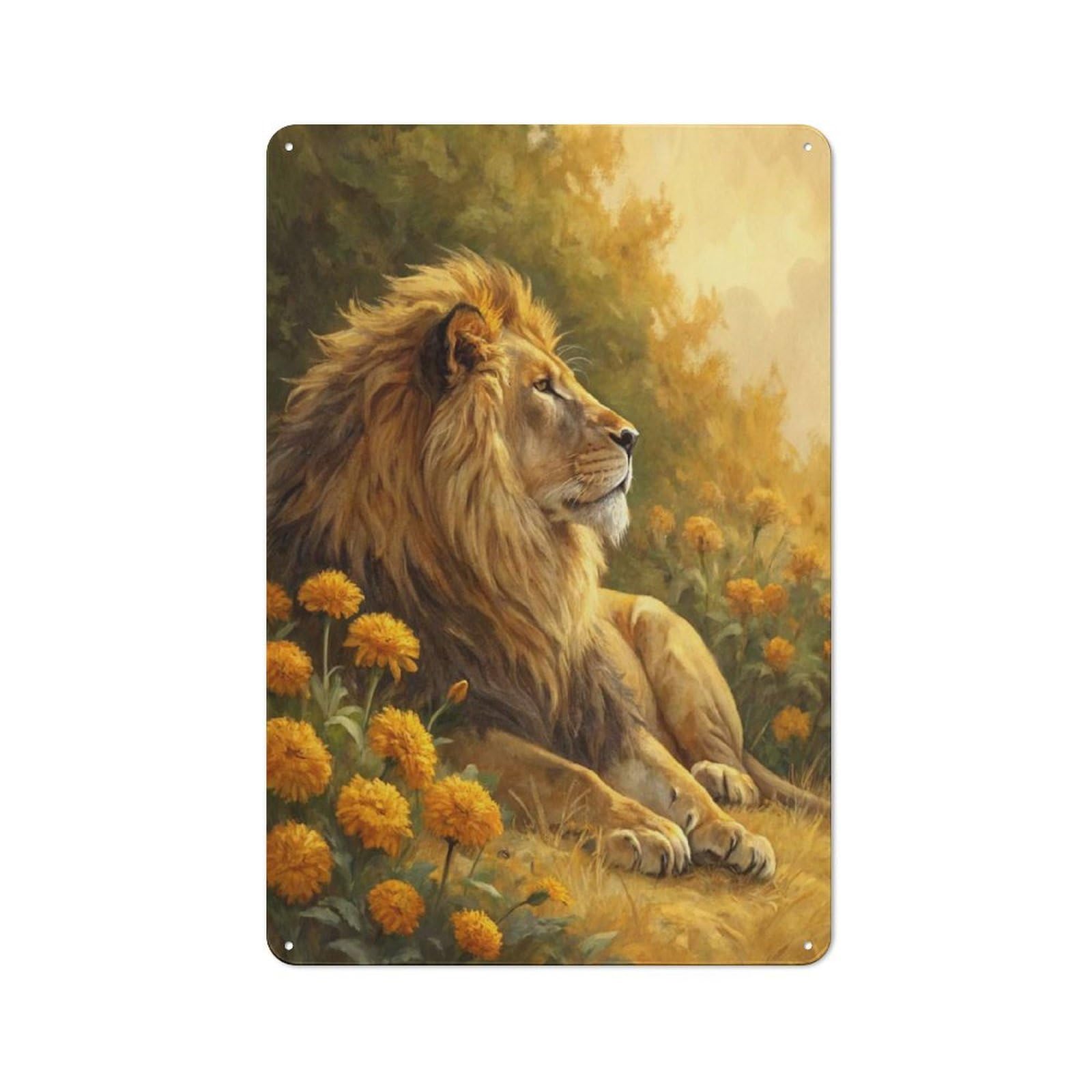Rustic Metal Wall Sign 30x20cm Featuring Majestic Lion in A Field of Flowers for Pub Or Café, for Vintage Wall Decor Fans, for Metal Sign Collectors