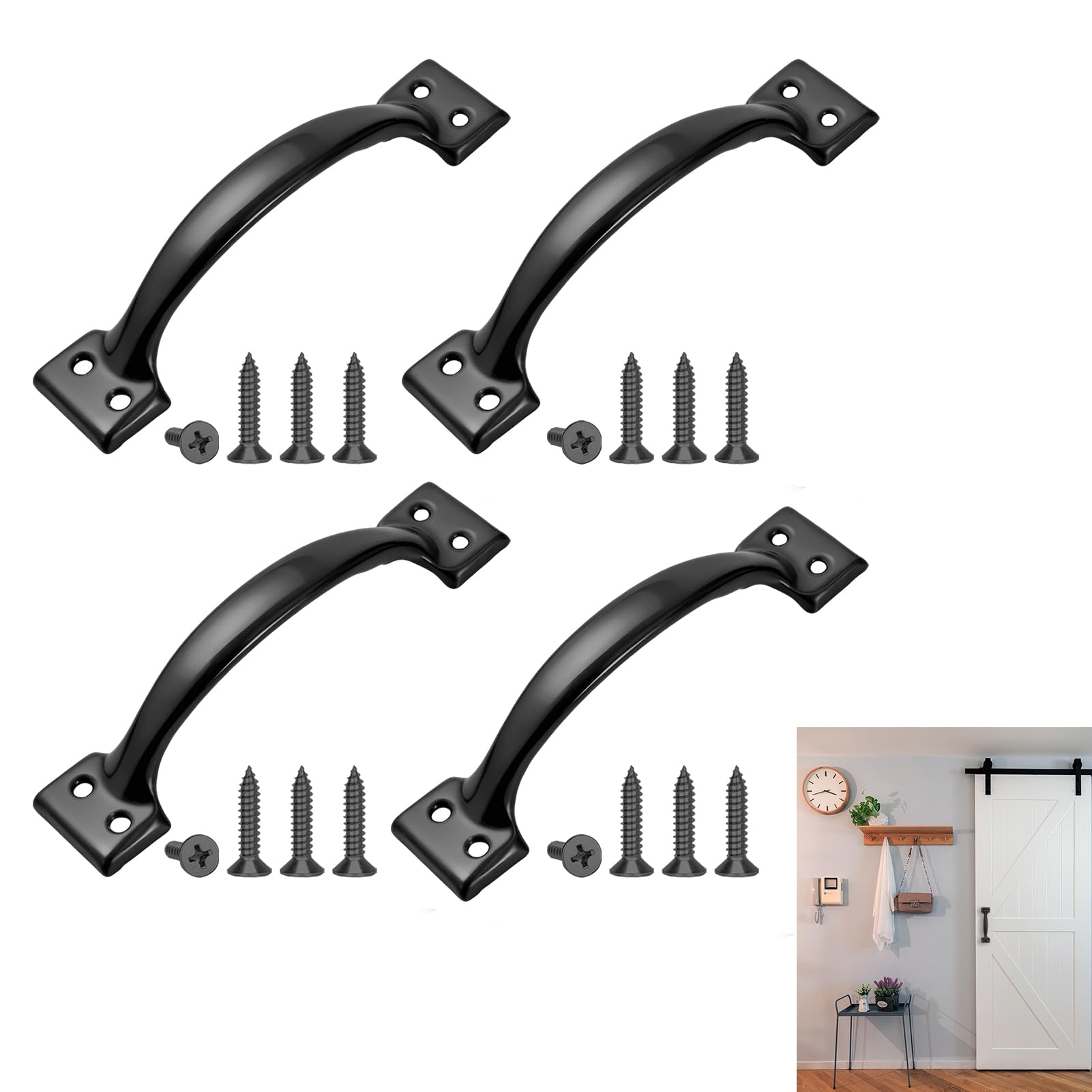 4 Pack Black 6Inch/138mm Gate Handle, Shed Door Handles with 16 Screws, Heavy Duty Stainless Steel Handles, D-Handles for Wooden Gates, Cabinets, Furniture for Outdoor & Indoor Use, Easy Installation