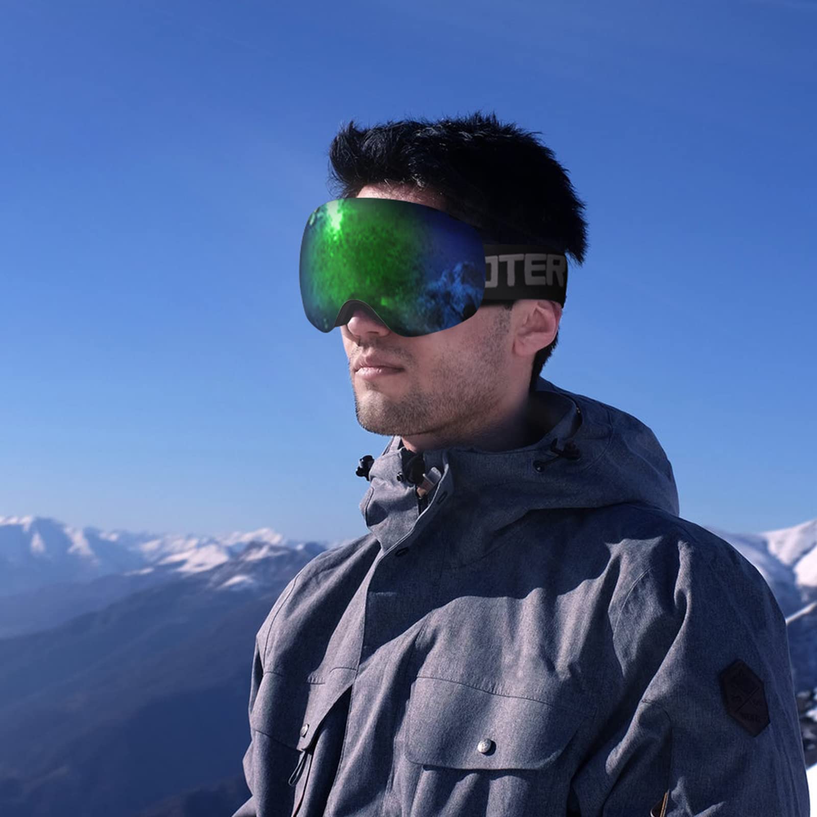 SKYWAY Ski Goggles,OTG Snow Snowboard Goggles for Men Women Snowmobile Skiing Skating SS6002 (Black Frame/Green Lens)