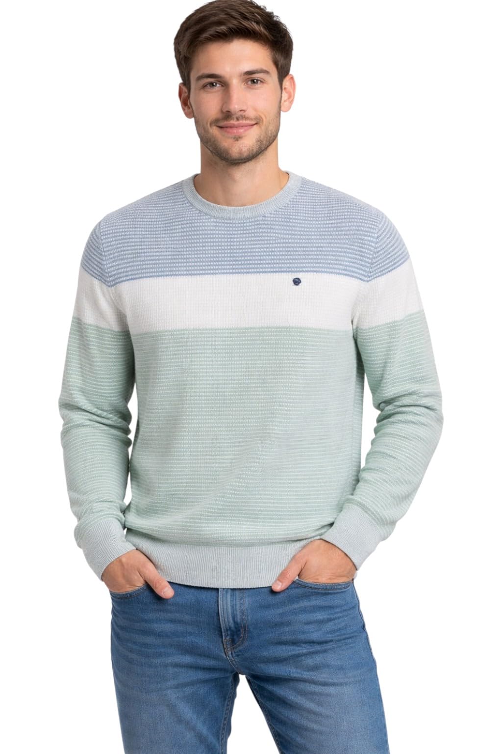 Sparlune Striped Colorblock Knit Sweater, Long Sleeve Crewneck Pullover with Ribbed Cuffs, Grey Green and White for Men and Women-picture-34