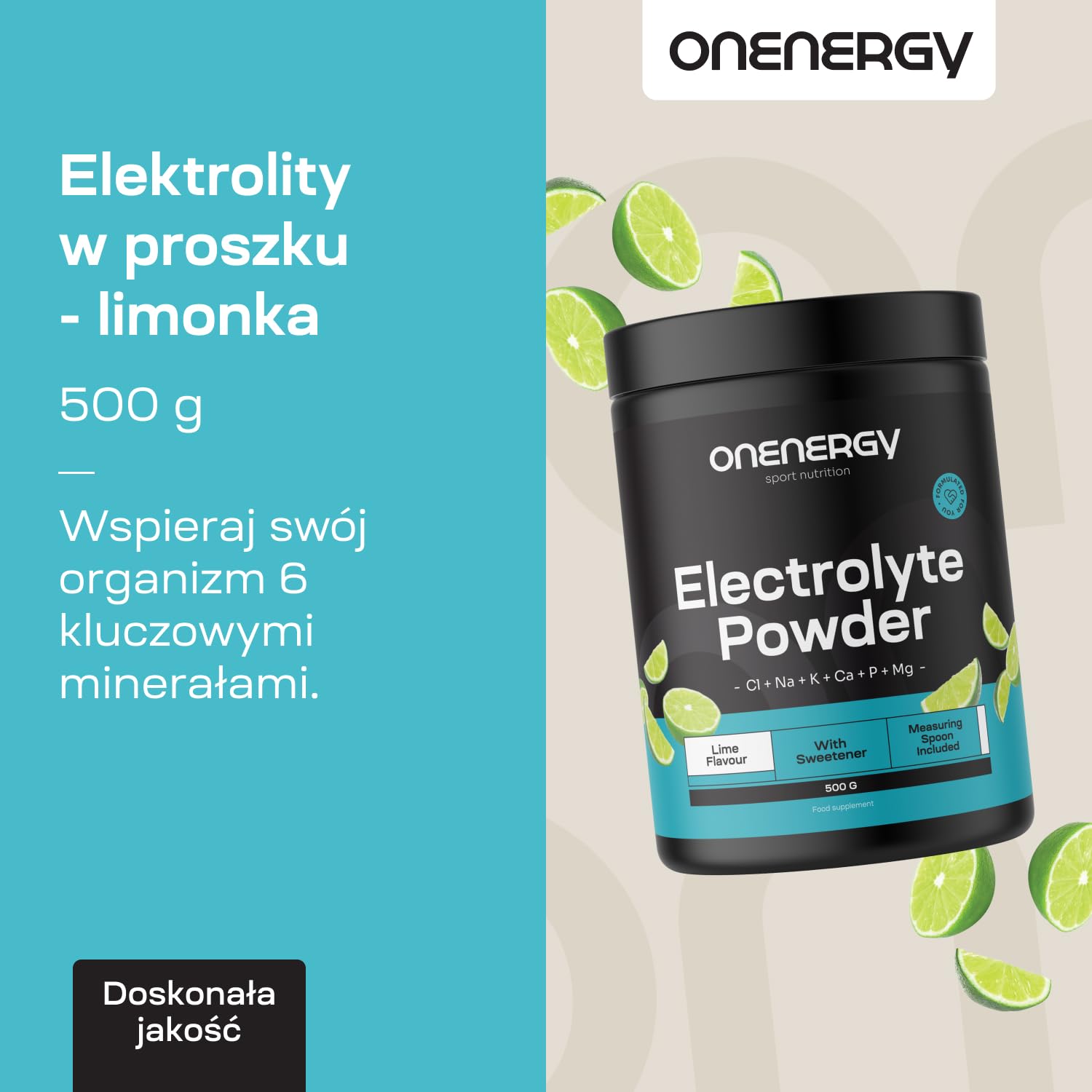 Elektrolity w proszku od OnEnergy - Limonka - 500 g - 142 porcje - Mieszanka 6 minerałów - Nawodnienie - Wsparcie mięśni i nerwów - Dołączona miarka - Na prawie 5 miesięcy