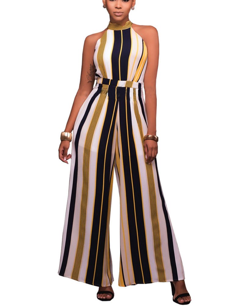 Women's Sleeveless Stripe Turtleneck High Waist Flared Wide Leg Pants Jumpsuit Romper Yellow