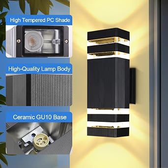 CHENBEN IP65 Up Down Outdoor Wall Lights Mains Powered GU10 Porch Light | IP65 Waterproof Aluminium Outside Wall Light with 2 Replaceable 3000K GU10 Bulbs, Front Door Light for Porch/Garden/Indoors [Energy Class F]