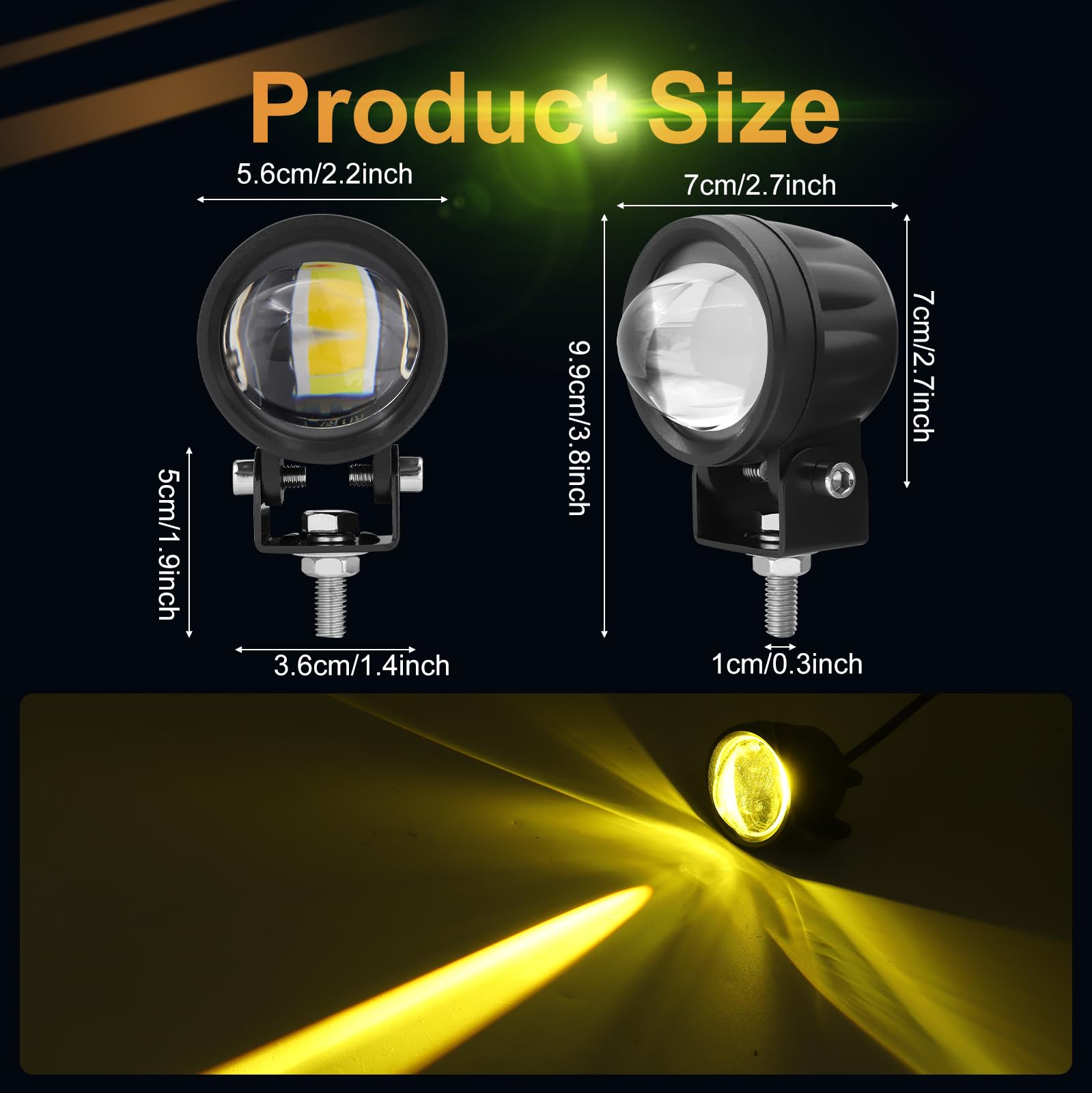 Projecteurs de Moto LED Antibrouillard Jaune Blanc Bicolore Phares Avant Supplémentaires Lampes de Conduite Universelles pour Moto ATV UTV Dirt Bike, 2PCS (interrupteur inclus)