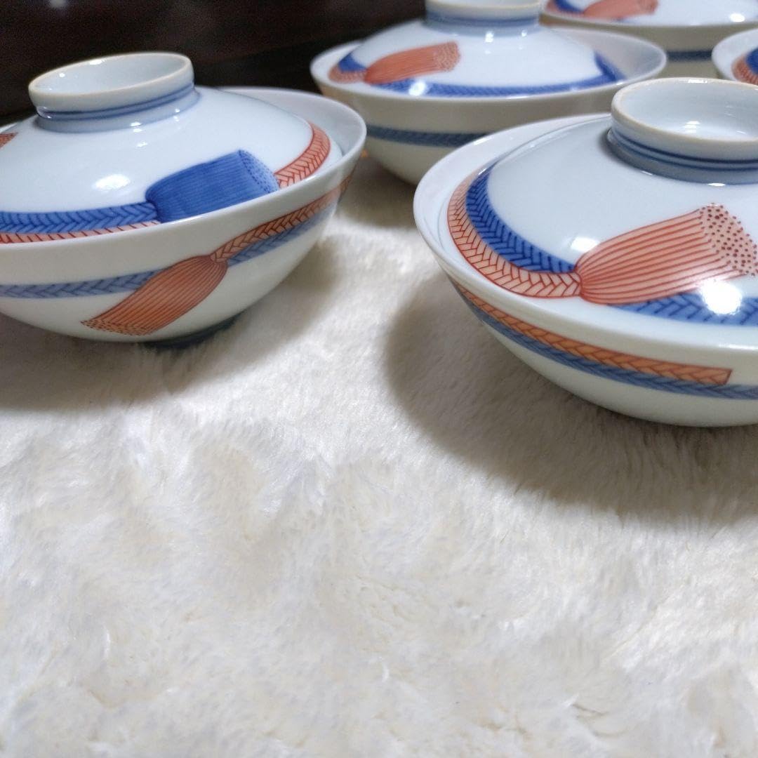 人間国宝 13代今泉今右衛門錦 紐(ひも)の絵 蓋付茶碗 5つ揃い 人間国宝