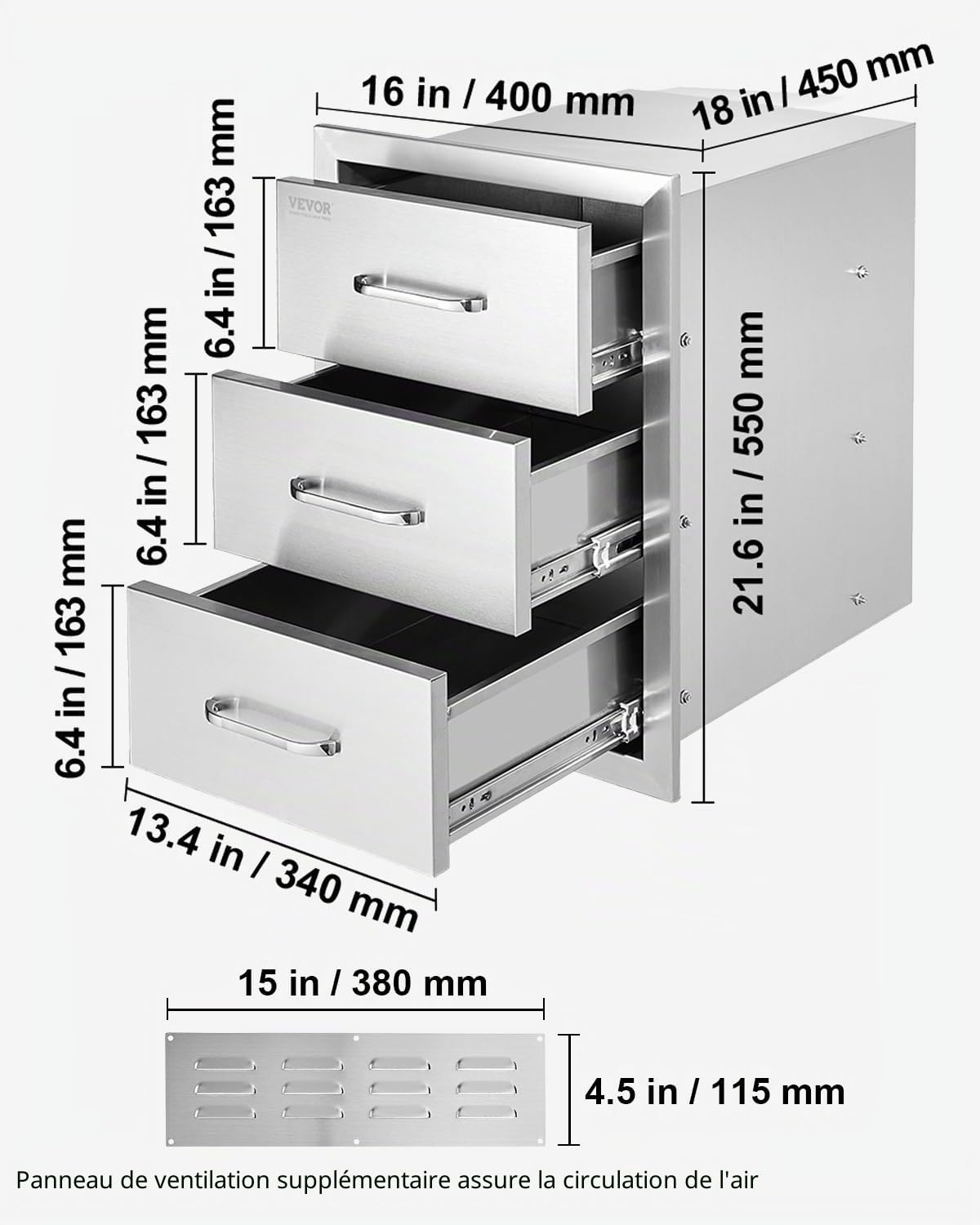 VEVOR Tiroirs de cuisine d'extérieur 40,6 x 54,6 x 45,7 cm (l x H x P) – Tiroirs de barbecue encastrés à triple accès avec poignée en acier inoxydable, îlot de barbecue pour cuisine extérieure ou îlot