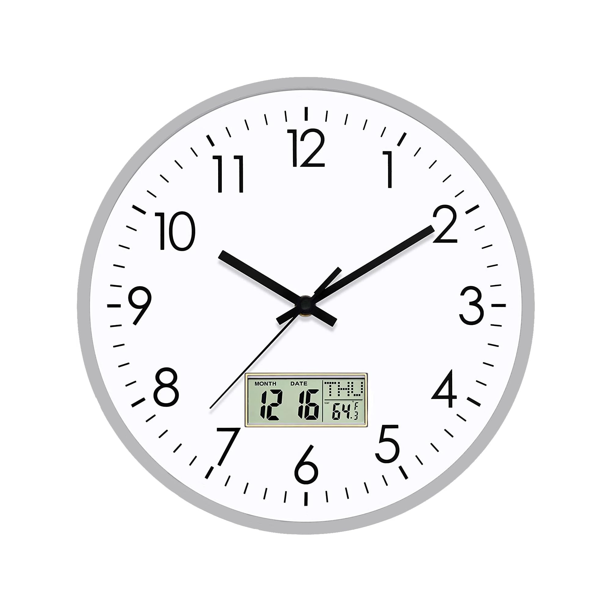 Digital Wall Clock Kitchen 12 Inch, Kitchen Wall Clock Battery Operated Silent Analogue Wall Clock with Date Temperature Easy-to-Read Numbers, Timepiece Quiet Sweep Movement for Home Office Bedroom