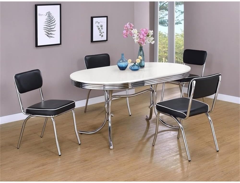 Pemberly Row 5-Piece Contemporary Metal Oval Dining Set, Chrome and Black Finish, MDF and Faux Leather, 60 in Oval Table with 4 Upholstered Chairs, Modern Kitchen or Dining Room Set