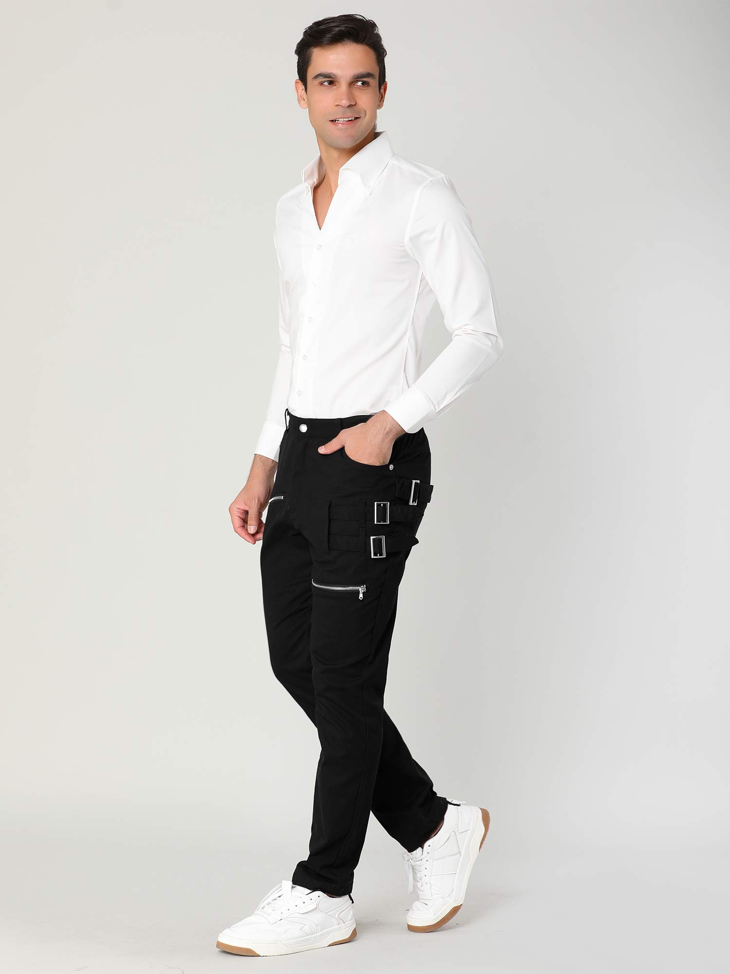 uxcell Pantalónes para Hombres Delgado Plano Cinco Bolsillos Hebillas Cremallera Deco Pantalones Elástico De Algodón