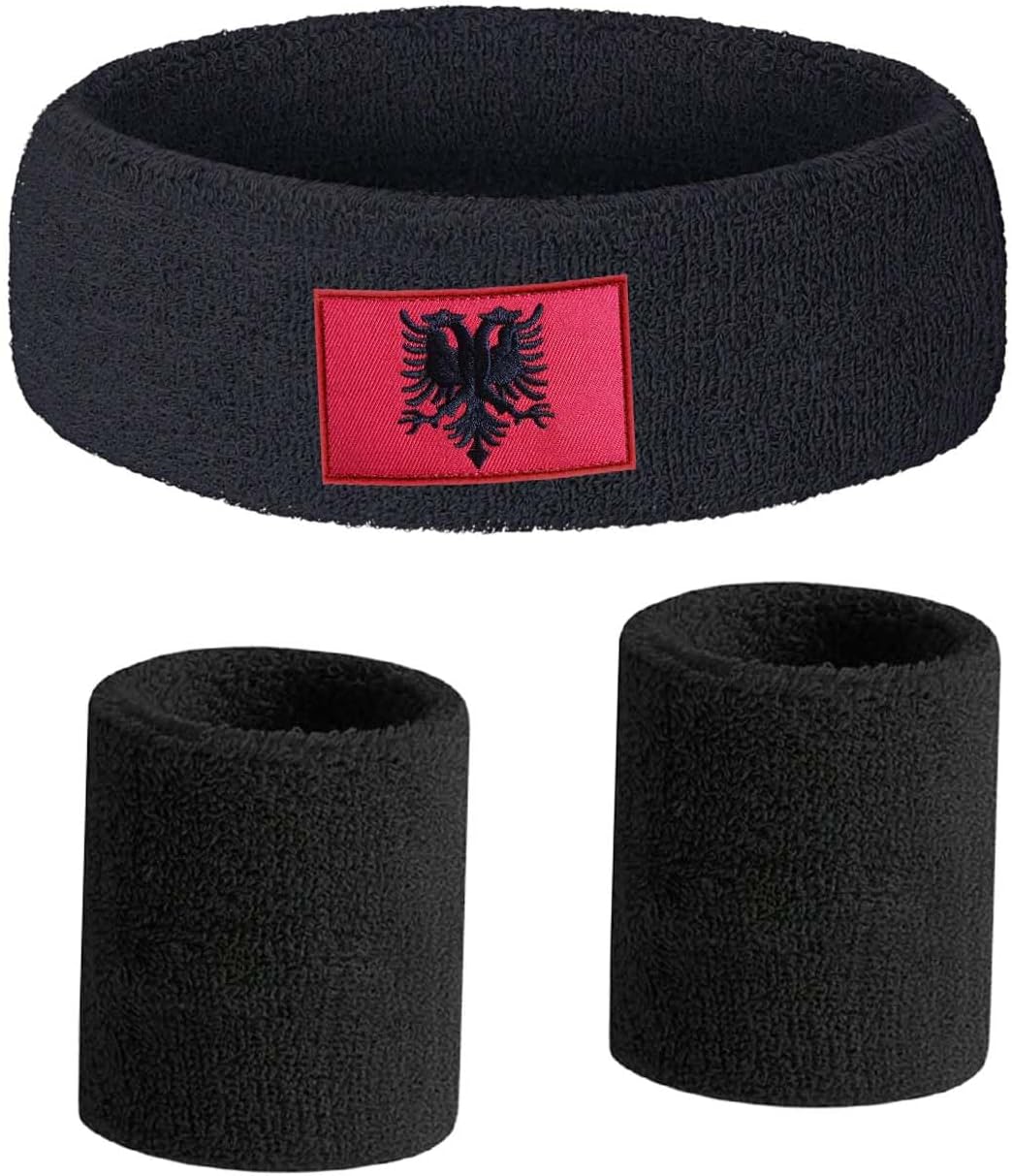 3 PCS Albania Headband with Maple Patch for Man Woman,Albanian Flag Towel Sweatband,Elastic Soft Head Band Sweat Bandana for Sport Travel Running Working Out(Black)