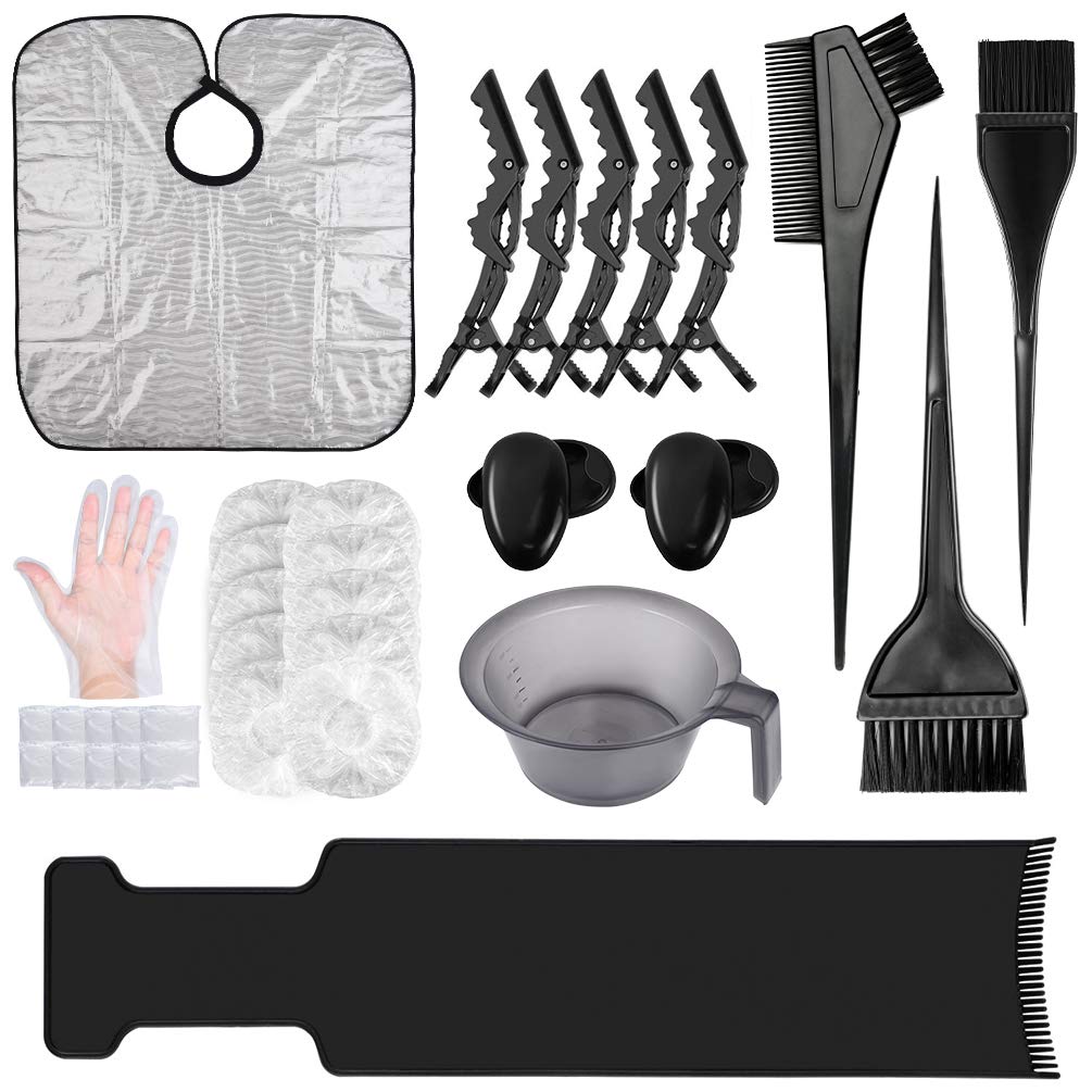 33PCS Hair Dye Brush and Bowl Set, Hair Dye Coloring Kit with Hair Tinting Bowl,Dye Brush,Ear Cover,Gloves,caps,Highlighting Board,clips and Coloring Cape For Salon/Home Hair Coloring Hair Dryers