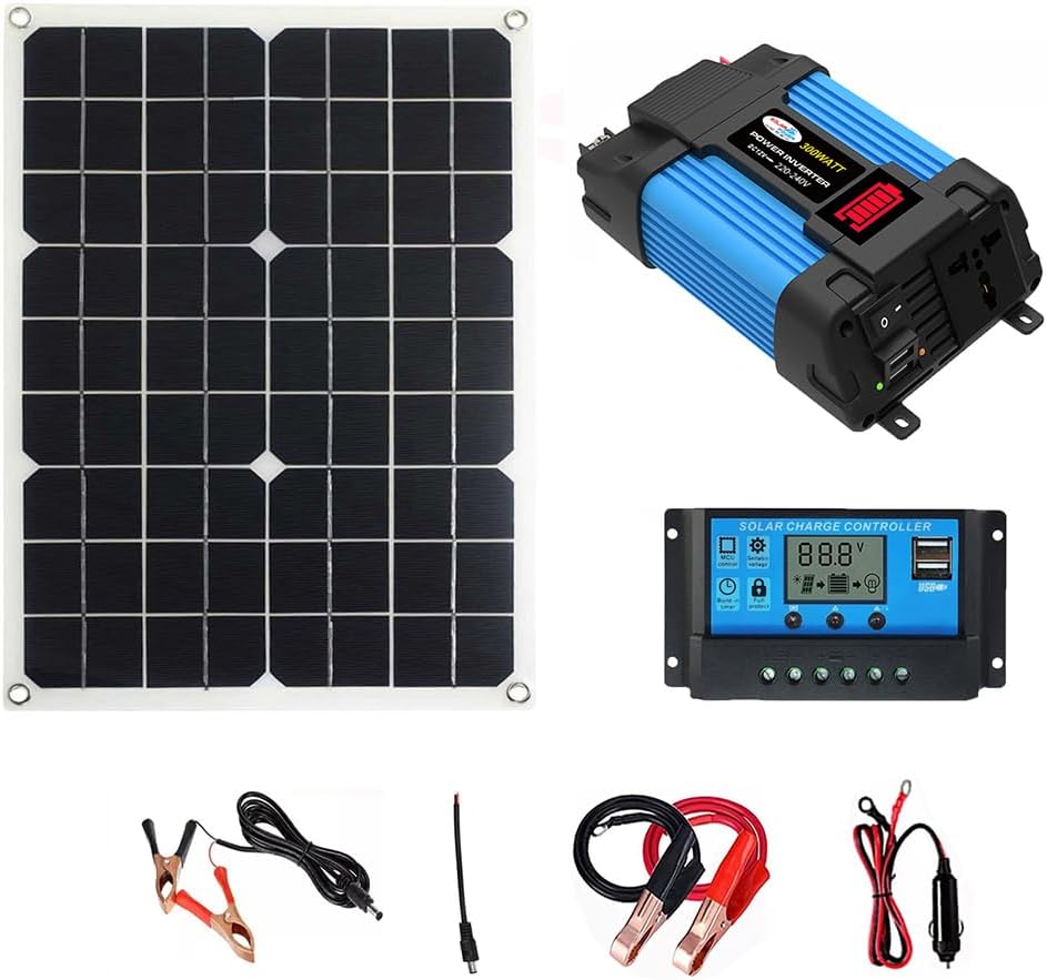Fawoonu Modified Sine Wave Inverter 300W Power Inverter to AC 220V Car Charger Converter with 18W Solar Panel and 30A Solar Charge Controller Suitable for MobilesPhonesComputersLaptop