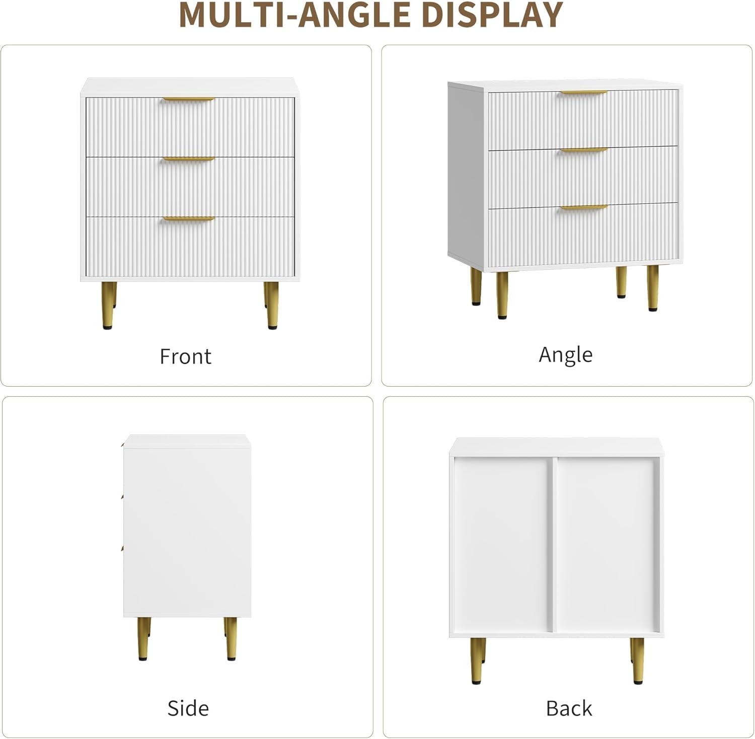 IDEALHOUSE Fluted 3 Drawer Dresser for Bedroom, 27.9" Chest of Drawers, Wood Dresser with Gold Metal Handle, Storage Organizer for Hallway and Entryway, Easy Assembly, White