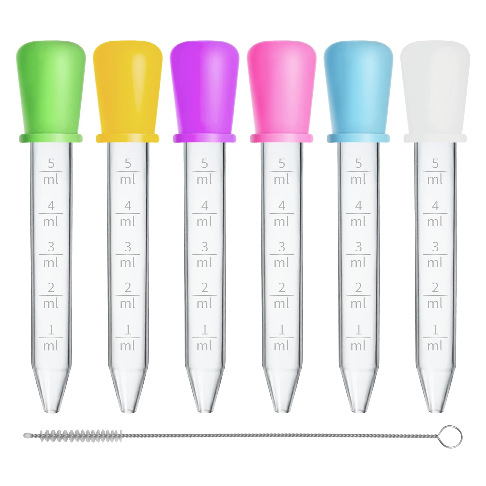 Lot 6 Pipettes Plastique 5ml + 1 Brosse - Graduées Réutilisables - Alimentaire/Médical/Enfants