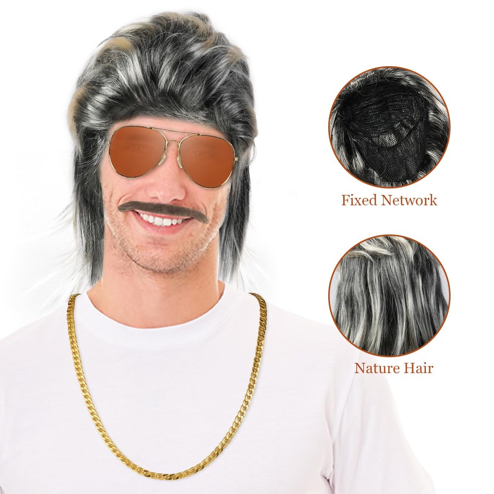 Perruque Mulet Homme Années 80 – Kit Complet 5 Pièces : Perruque Rock, Lunettes Disco, Collier Or, Fausse Barbe & Bague – Idéal Carnaval, Halloween, Cosplay 70s 80s