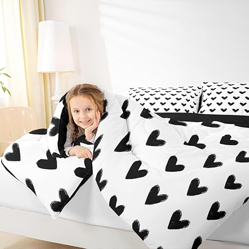 Miniatura 6 de Juego de edredón blanco y negro tamaño individual, ropa de cama con bonito patrón de corazón para niños, niñas, adolescentes, regalo del día de San