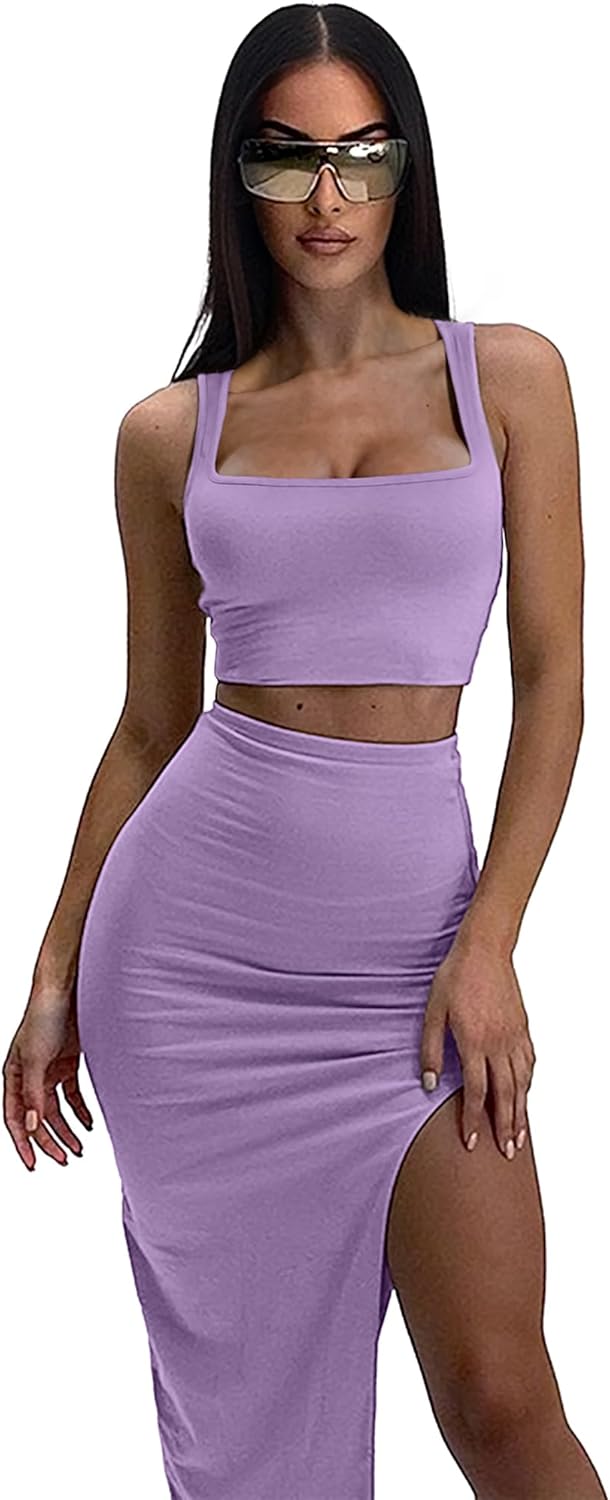 ELLEVEN Two Piece Maxi Skirt Sets for Women, Square Neck Tank Tops with High Side Slit Dress Sets Summer Outfits - Image 2